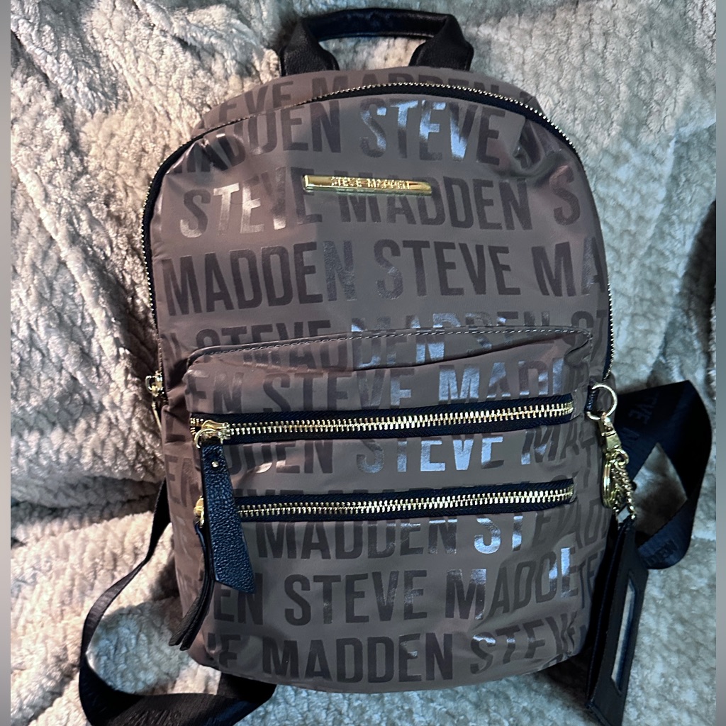 Steve Madden Prep Logo Grey Smoke Gold Zipper Backpack Withh Gold Tone Hardware